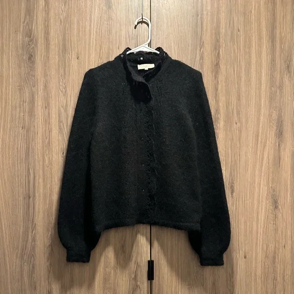 Sezane Black Angie Cardigan Kid Mohair Wool Lace Trim Cardigan